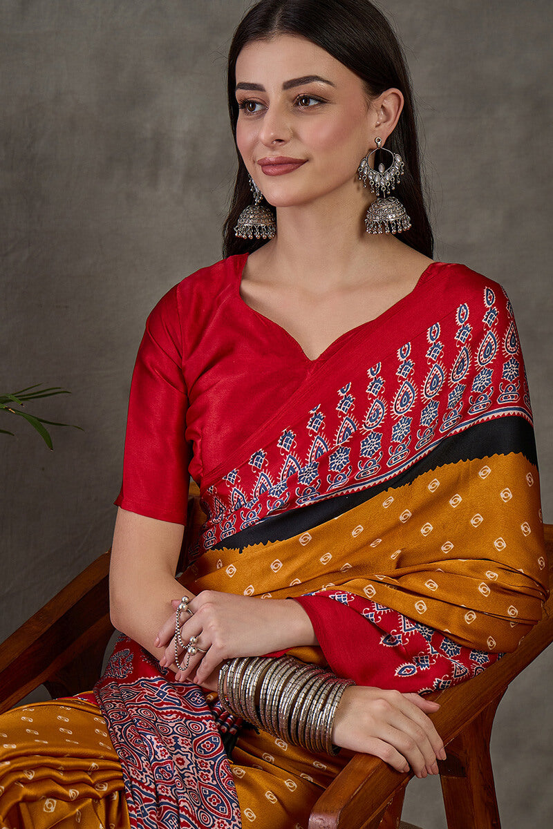 Mustard Yellow Ajrakh Printed Satin Silk Saree