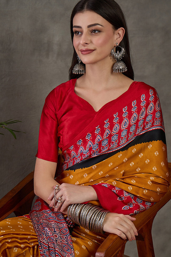 Mustard Yellow Ajrakh Printed Satin Silk Saree