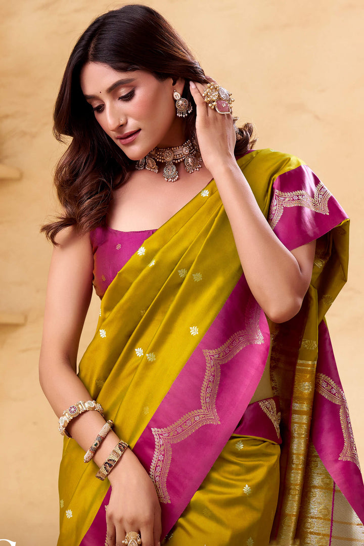 Mustard Yellow Banarasi Satin Silk Saree