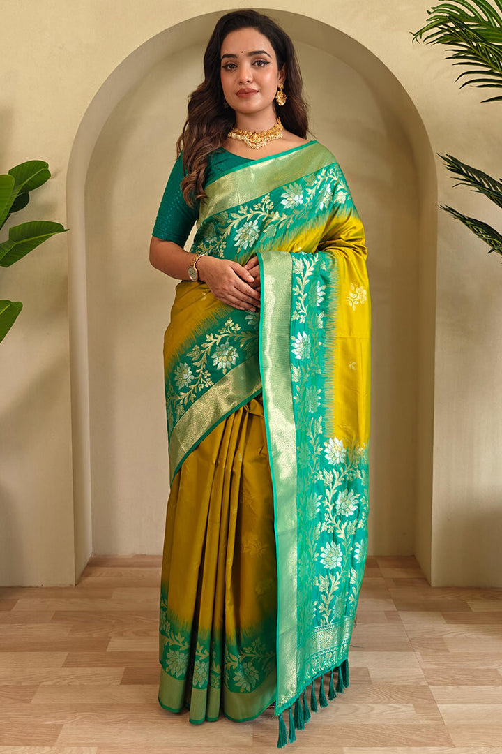 Mustard Yellow Banarasi Silk Saree with Designer Chaap Border