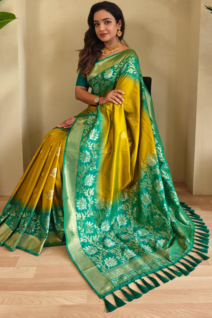 Mustard Yellow Banarasi Silk Saree with Designer Chaap Border