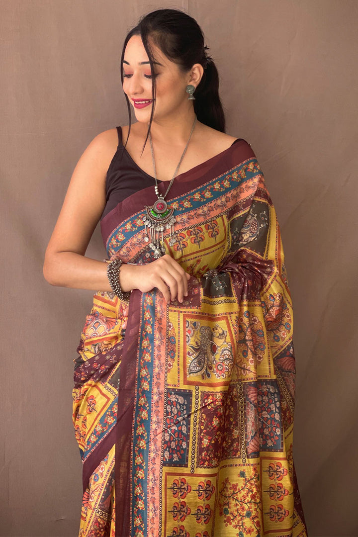 Mustard Yellow Kalamkari Printed Cotton Saree