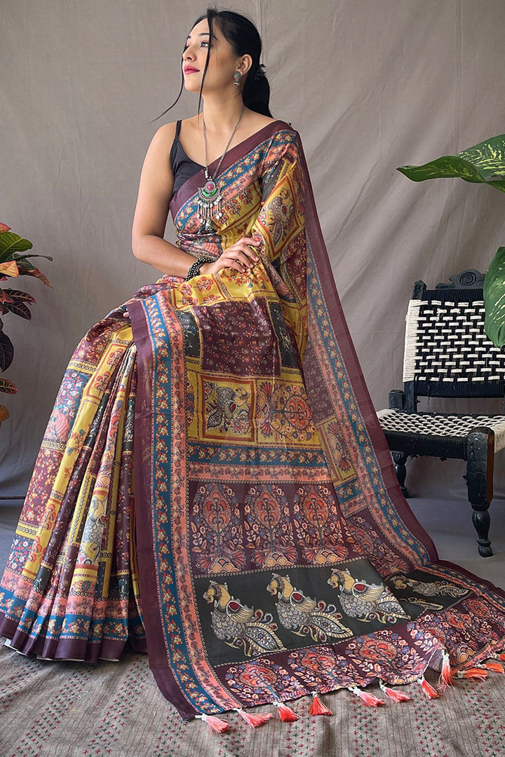 Mustard Yellow Kalamkari Printed Cotton Saree