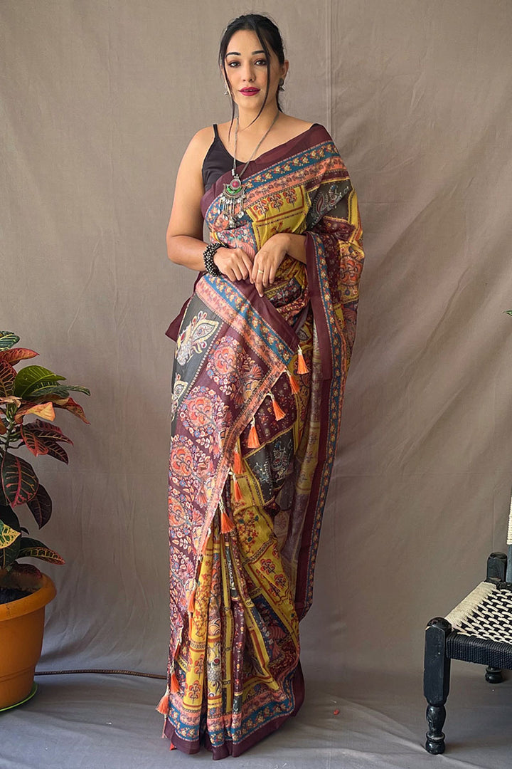 Mustard Yellow Kalamkari Printed Cotton Saree