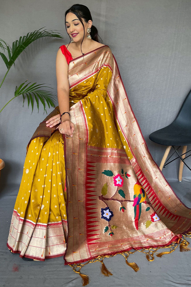 Mustard Yellow Paithani Silk Saree