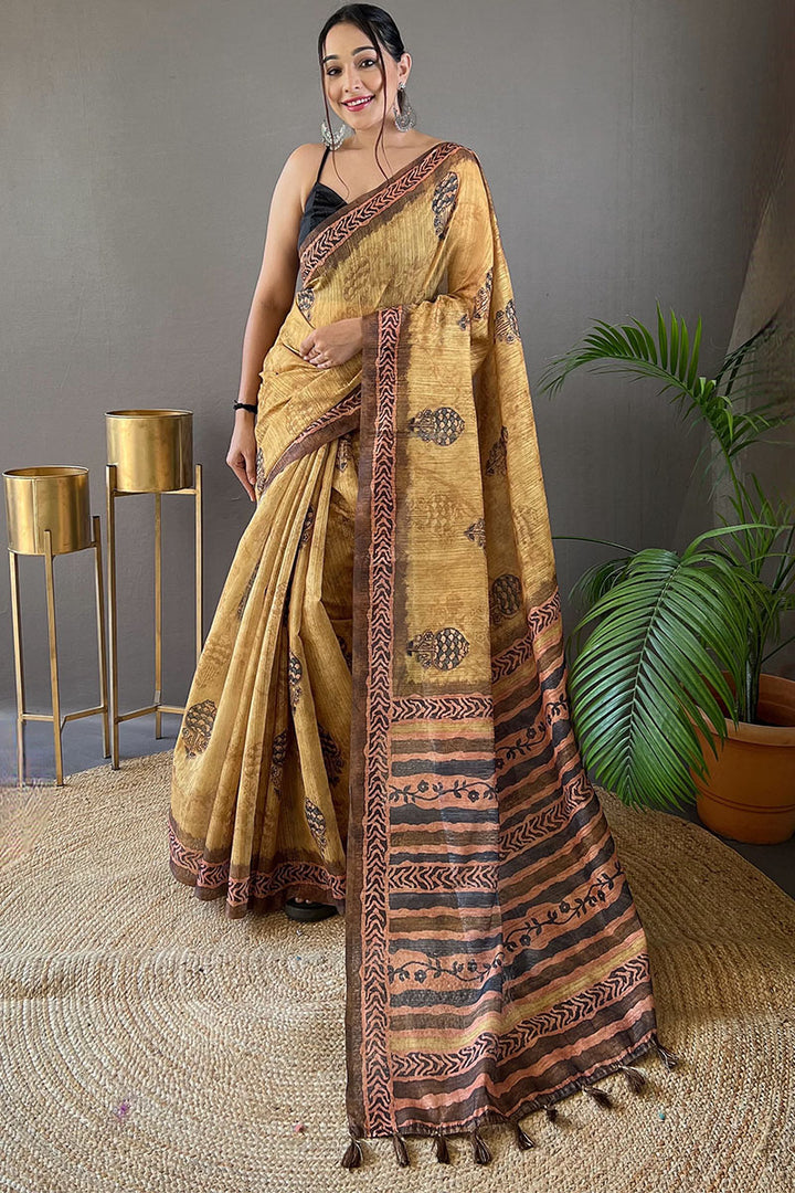 Mustard Yellow Printed Tussar Silk Saree