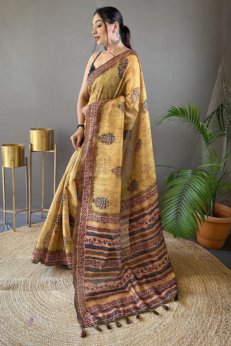 Mustard Yellow Printed Tussar Silk Saree