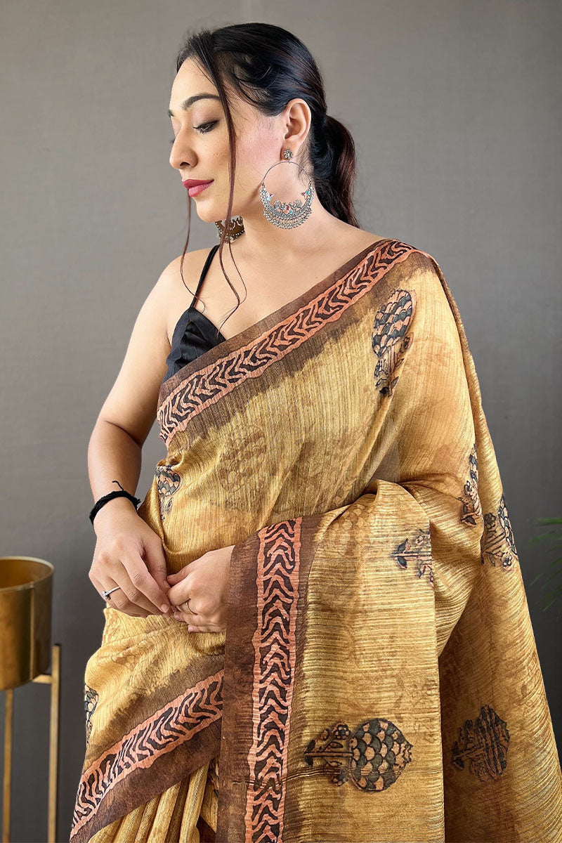 Mustard Yellow Printed Tussar Silk Saree