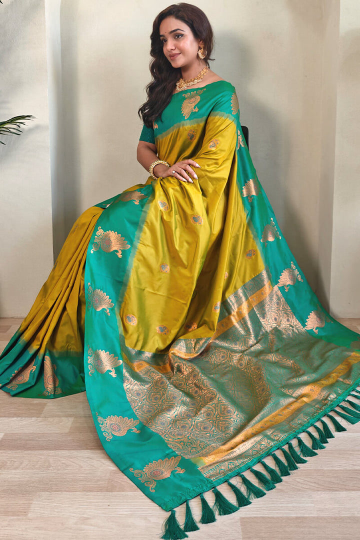 Mustard Yellow Soft Banarasi Silk Saree With Chaap Border