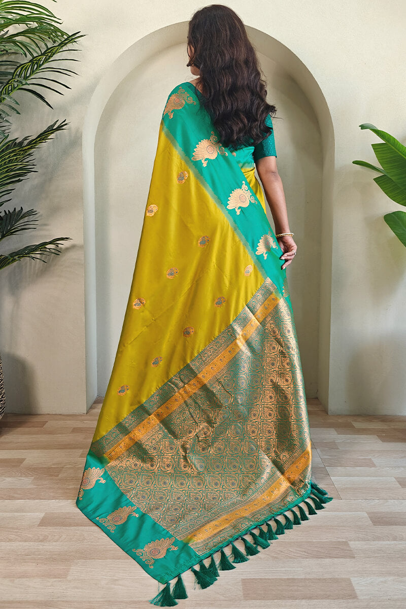 Mustard Yellow Soft Banarasi Silk Saree With Chaap Border