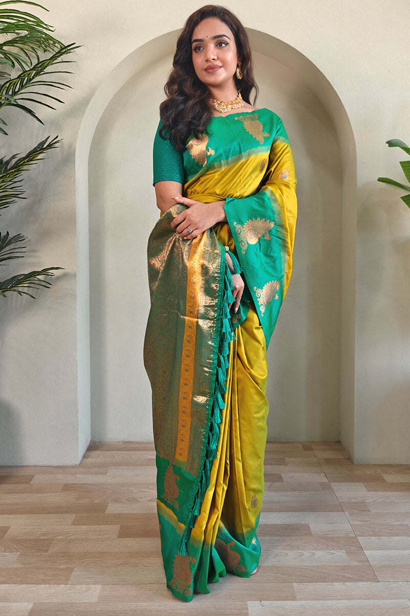 Mustard Yellow Soft Banarasi Silk Saree With Chaap Border