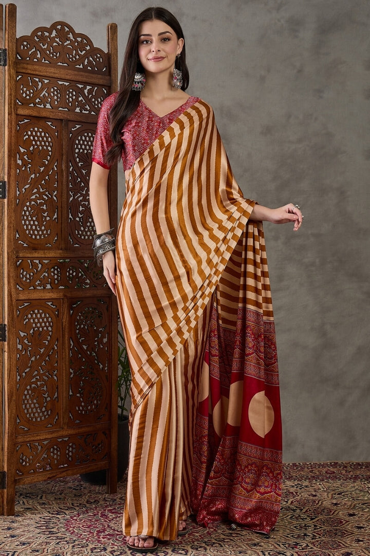 Mustard Yellow Stripe Ajrakh Printed Satin Silk Saree