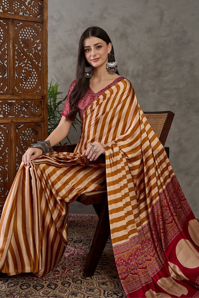 Mustard Yellow Stripe Ajrakh Printed Satin Silk Saree