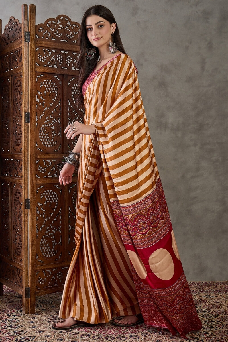 Mustard Yellow Stripe Ajrakh Printed Satin Silk Saree