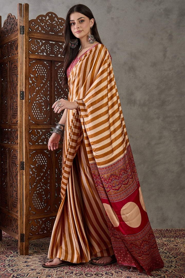 Mustard Yellow Stripe Ajrakh Printed Satin Silk Saree
