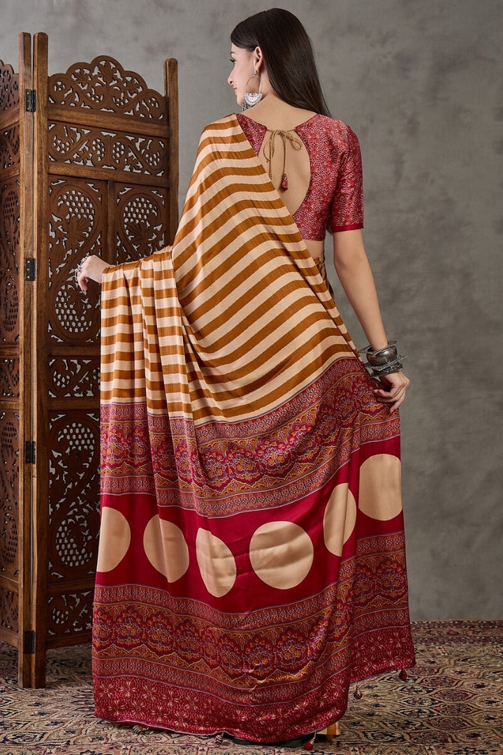 Mustard Yellow Stripe Ajrakh Printed Satin Silk Saree