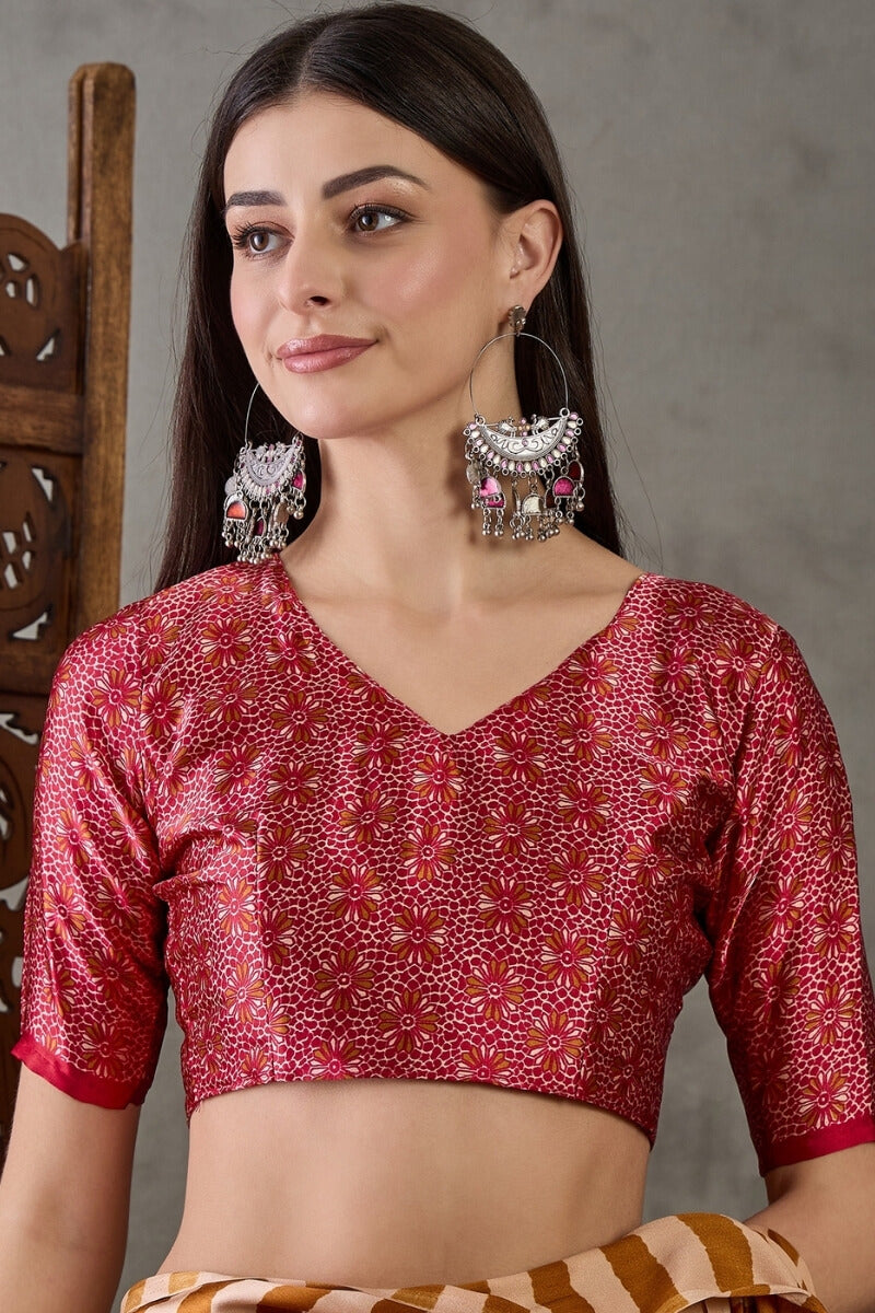 Mustard Yellow Stripe Ajrakh Printed Satin Silk Saree