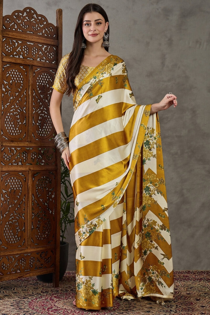 Mustard Yellow Stripe Printed Satin Silk Saree