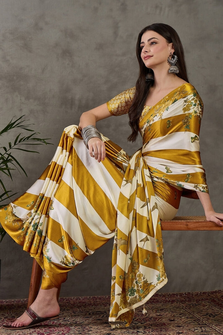 Mustard Yellow Stripe Printed Satin Silk Saree