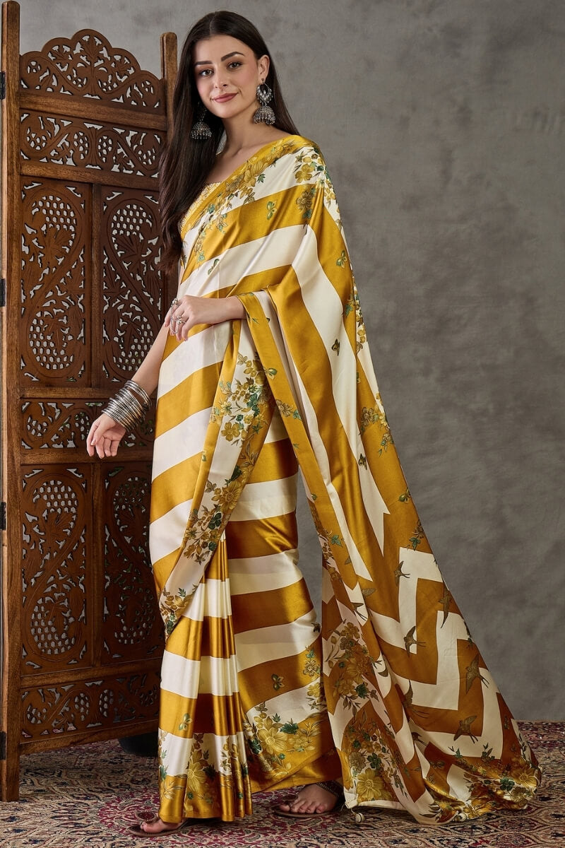 Mustard Yellow Stripe Printed Satin Silk Saree