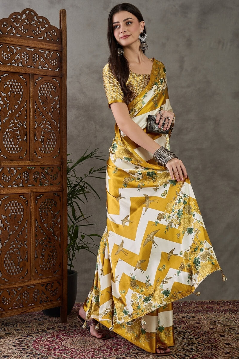 Mustard Yellow Stripe Printed Satin Silk Saree