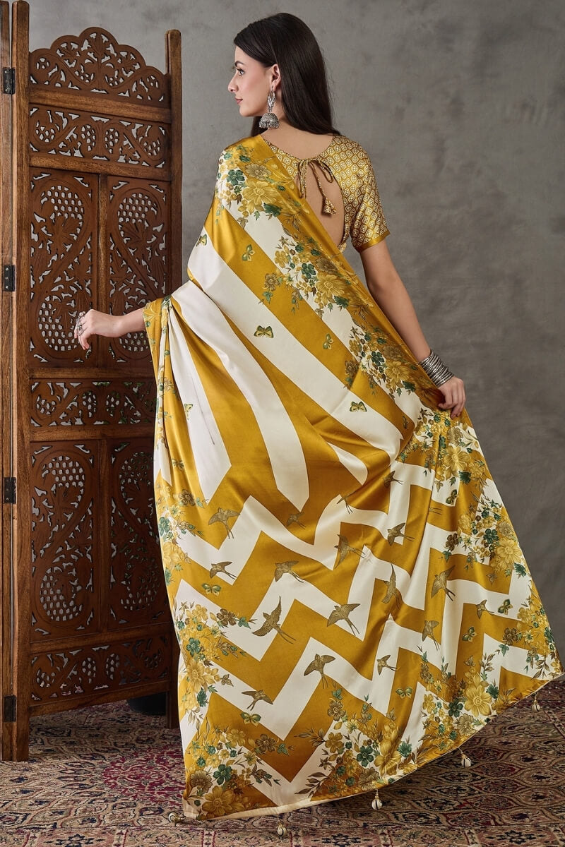 Mustard Yellow Stripe Printed Satin Silk Saree