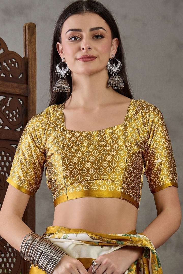 Mustard Yellow Stripe Printed Satin Silk Saree