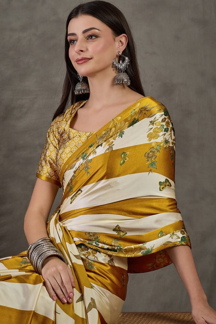 Mustard Yellow Stripe Printed Satin Silk Saree