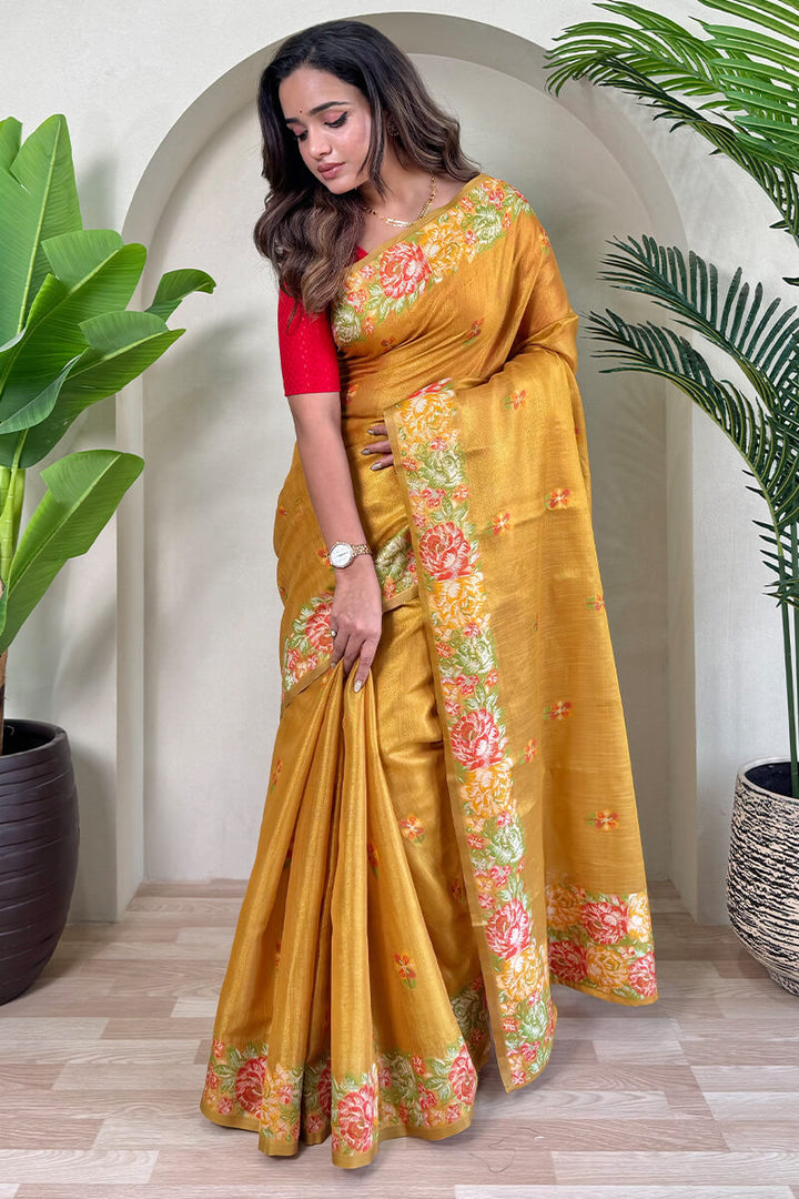 Mustard Yellow Tissue Silk Saree
