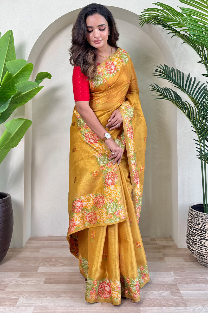 Mustard Yellow Tissue Silk Saree