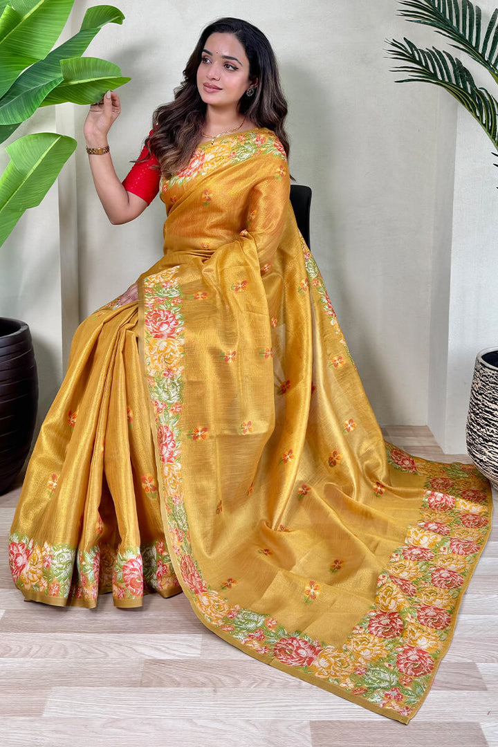 Mustard Yellow Tissue Silk Saree