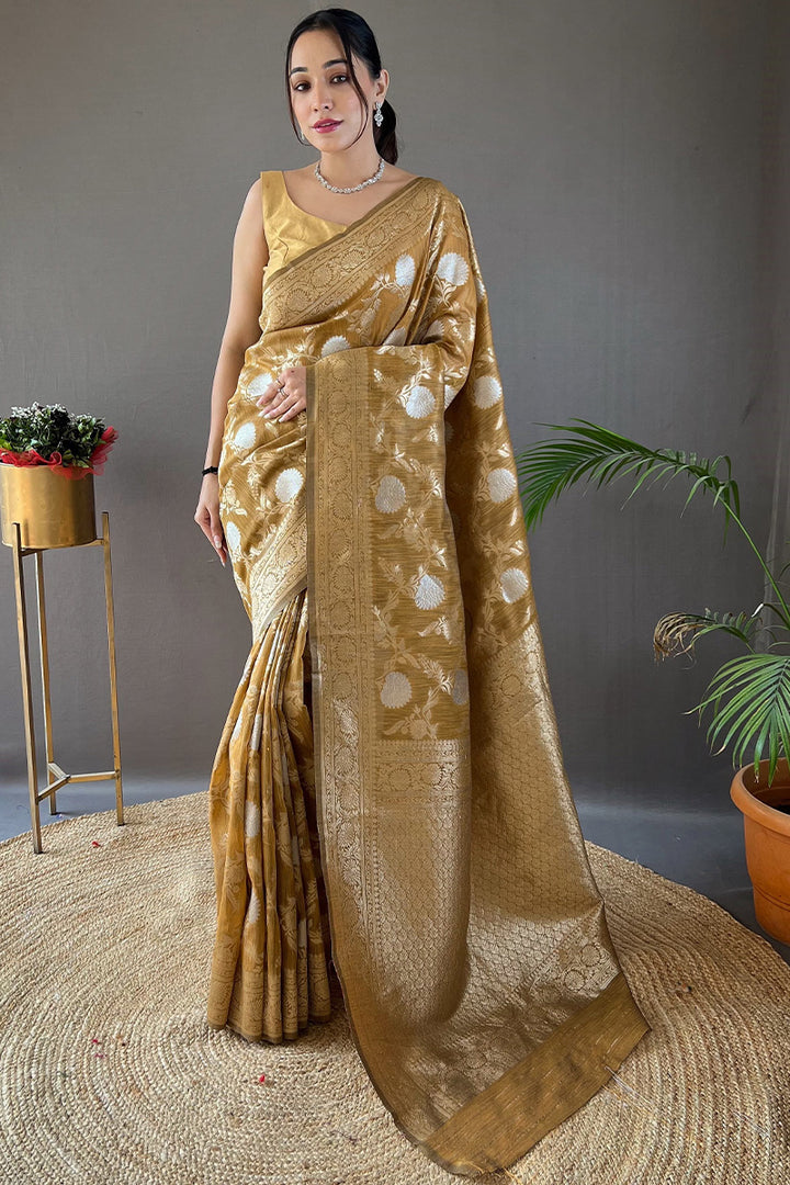 Mustard Yellow Zari Woven Linen Silk Saree