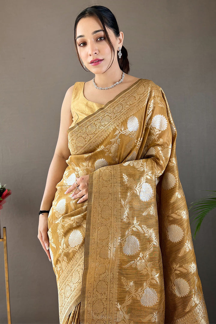 Mustard Yellow Zari Woven Linen Silk Saree