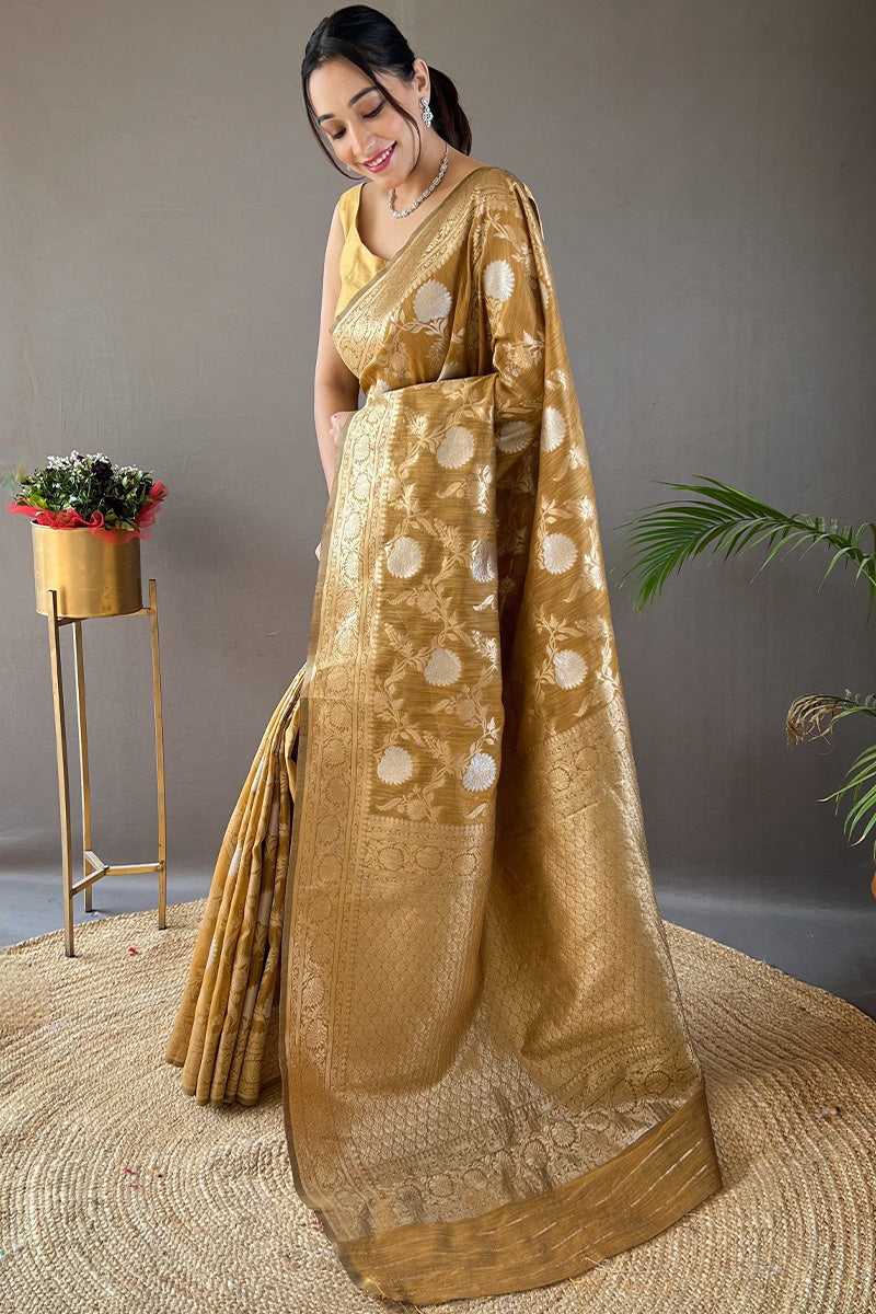 Mustard Yellow Zari Woven Linen Silk Saree