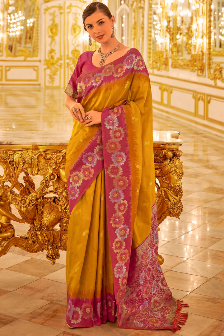 Mustard Yellow Zari woven Soft Banarasi Silk Saree