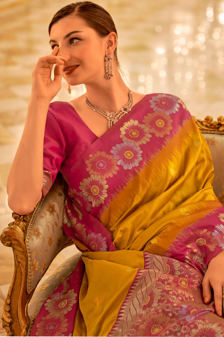 Mustard Yellow Zari woven Soft Banarasi Silk Saree