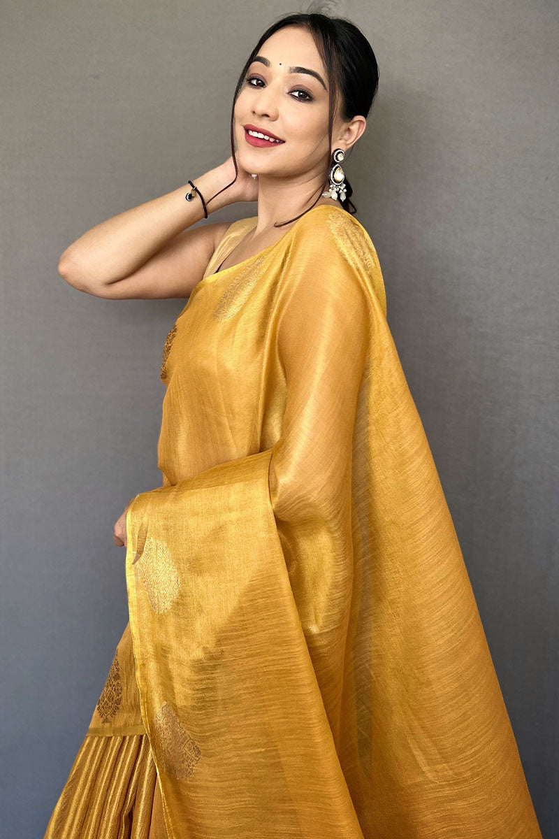 Mustard Yellow Zari Woven Tissue silk Saree