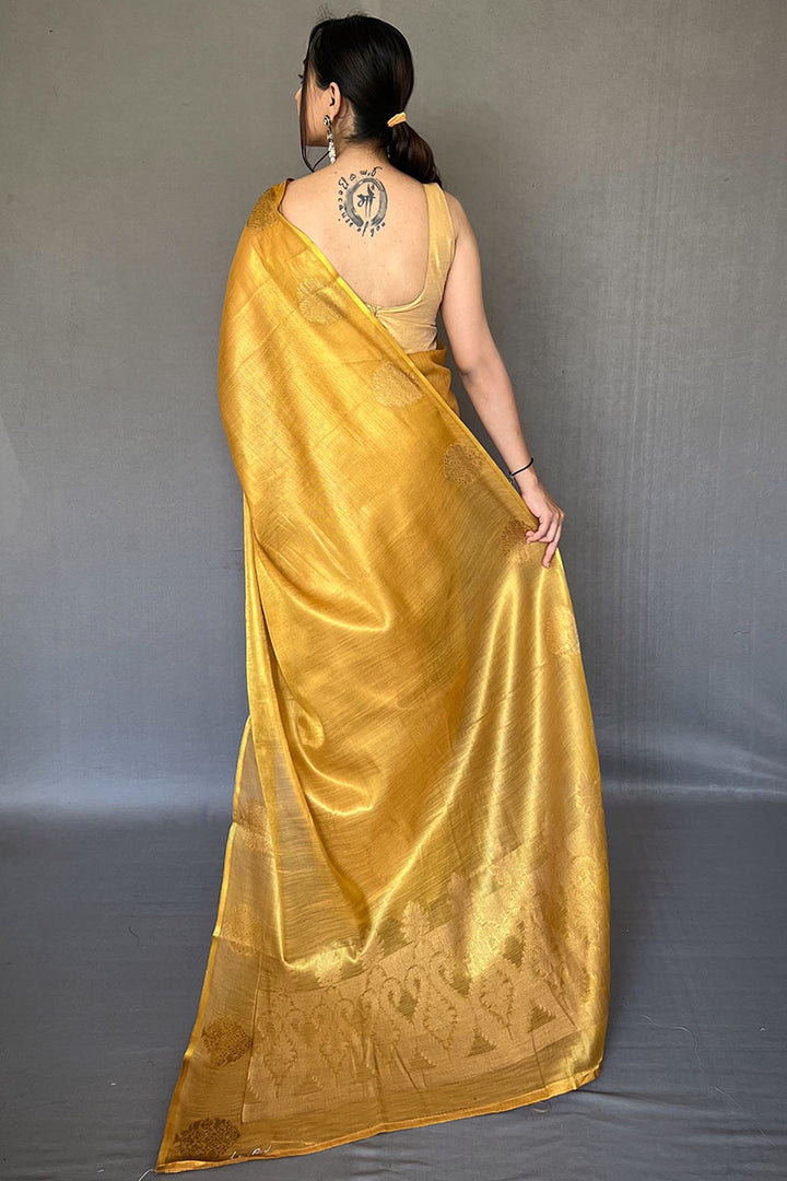 Mustard Yellow Zari Woven Tissue silk Saree