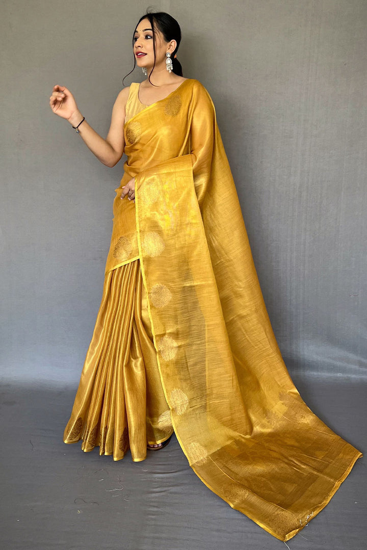 Mustard Yellow Zari Woven Tissue silk Saree