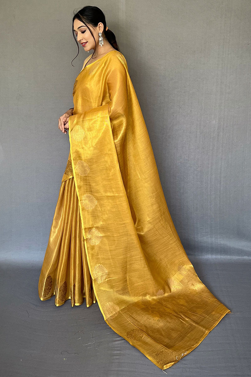 Mustard Yellow Zari Woven Tissue silk Saree