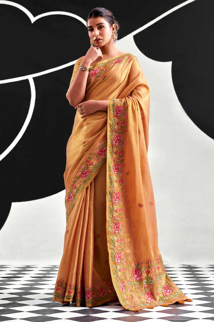 Muted Peach Zari Woven Banarasi Tissue Silk Saree