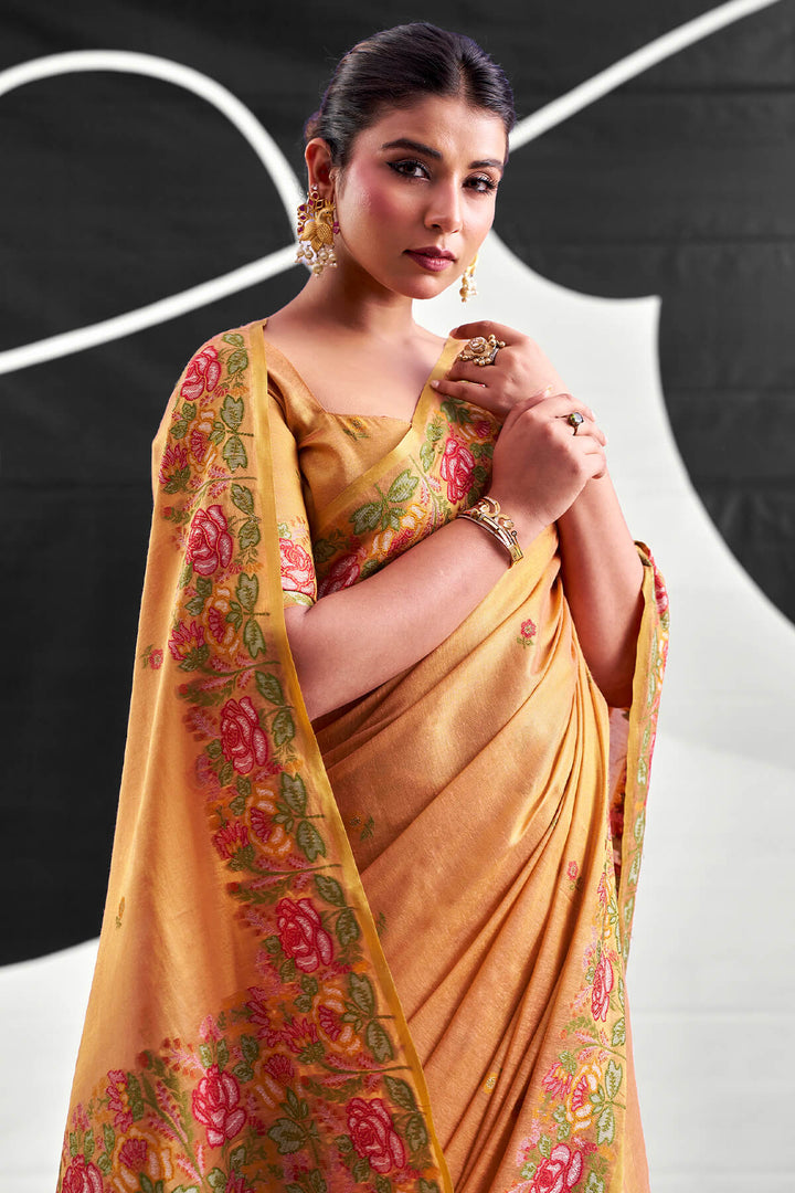 Muted Peach Zari Woven Banarasi Tissue Silk Saree