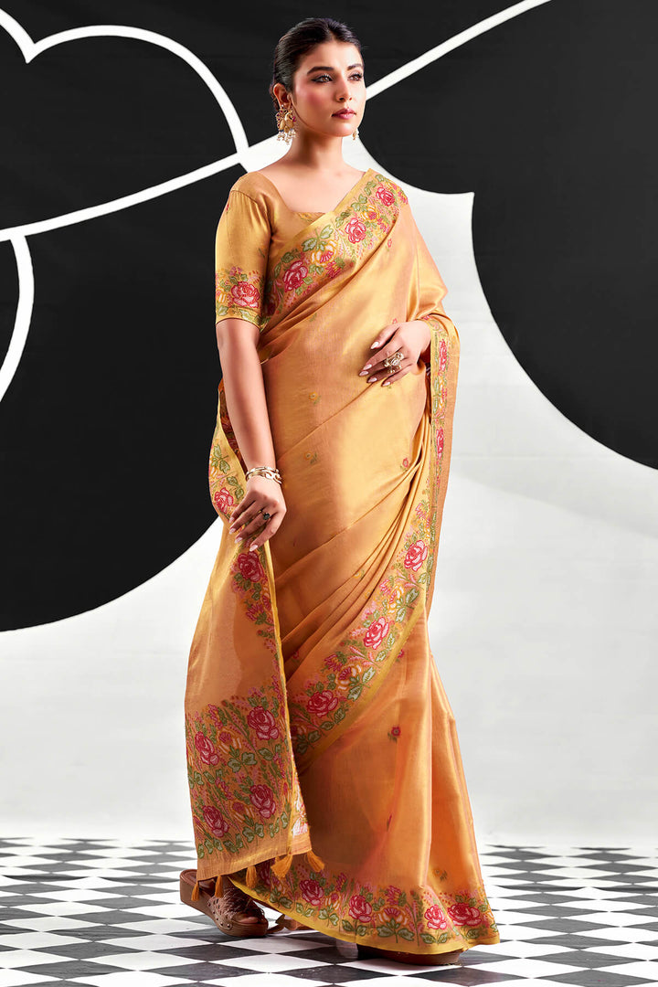 Muted Peach Zari Woven Banarasi Tissue Silk Saree