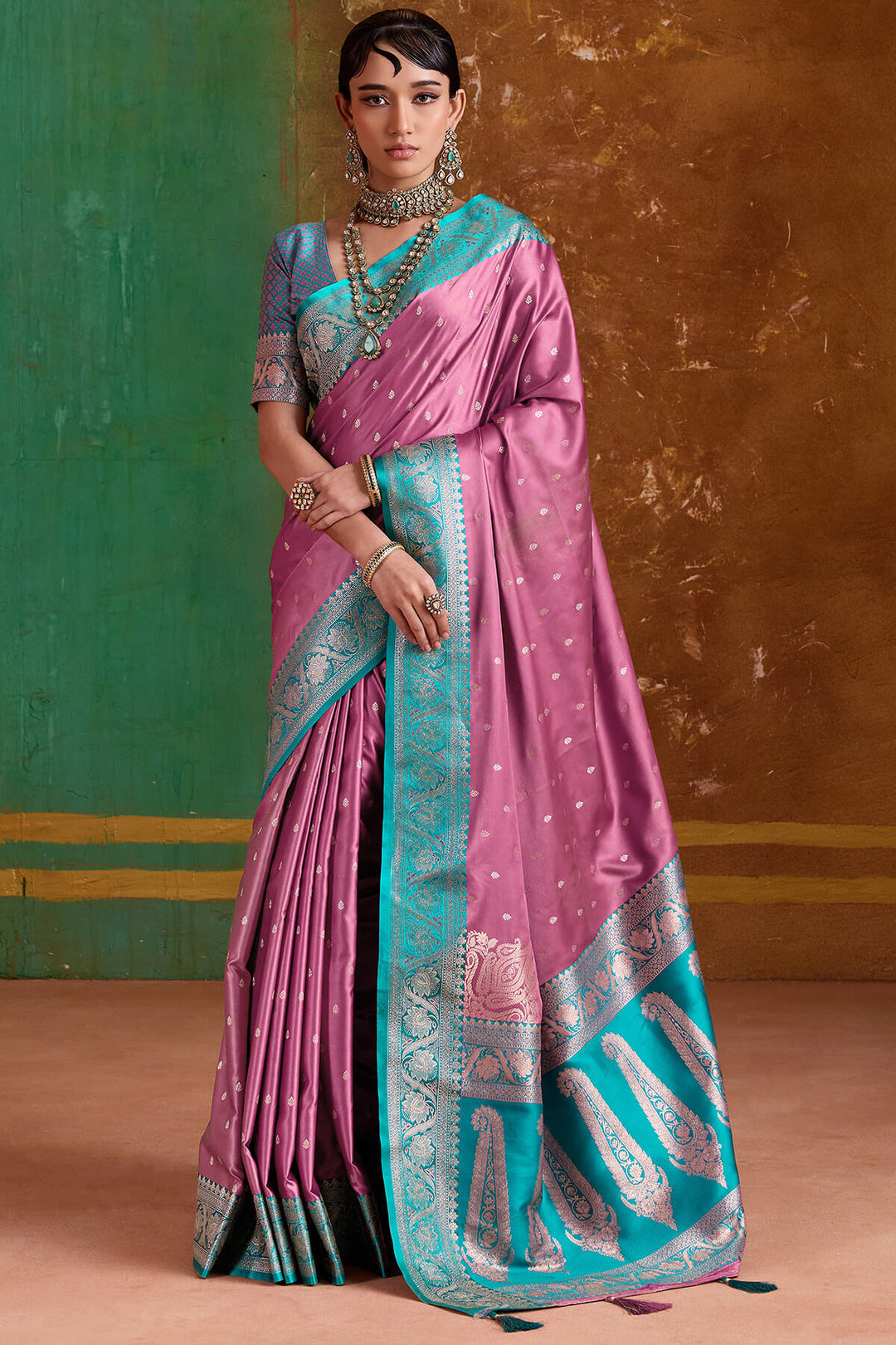 Muted Pink Banarasi Satin Silk Saree