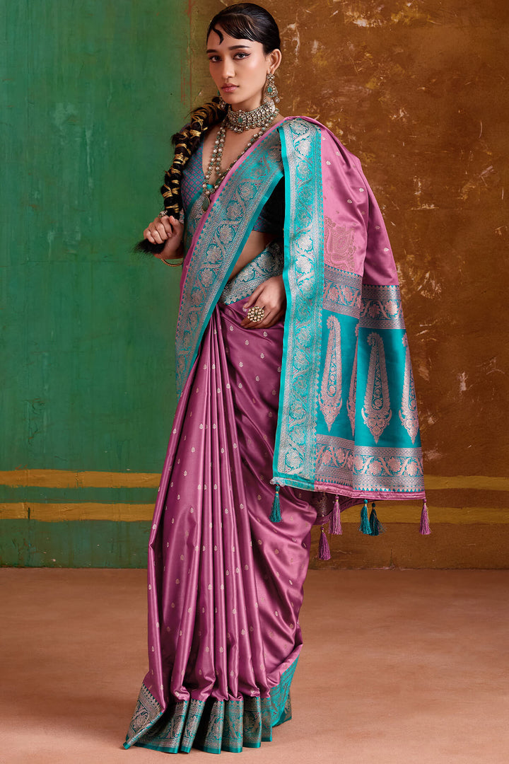 Muted Pink Banarasi Satin Silk Saree