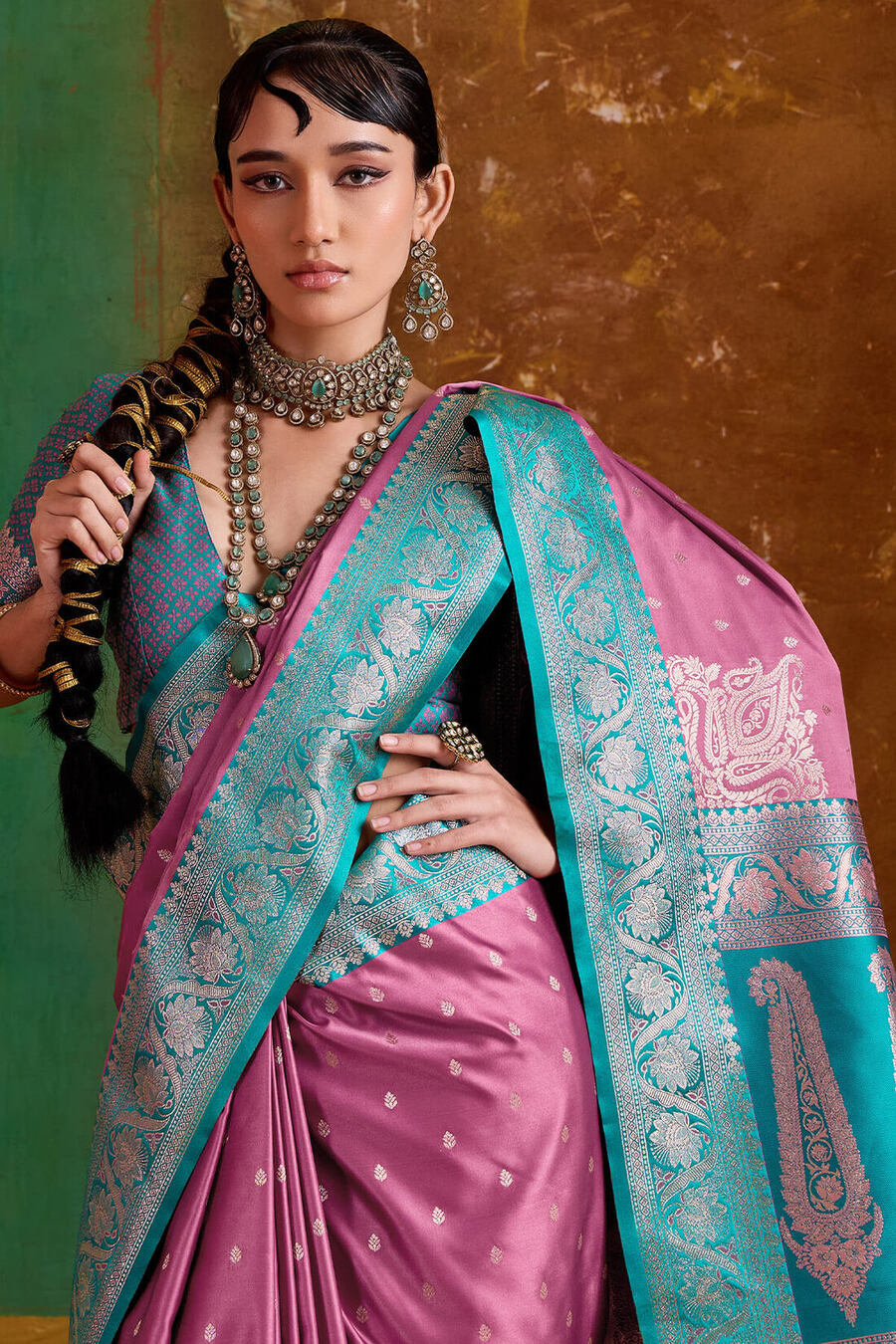 Muted Pink Banarasi Satin Silk Saree