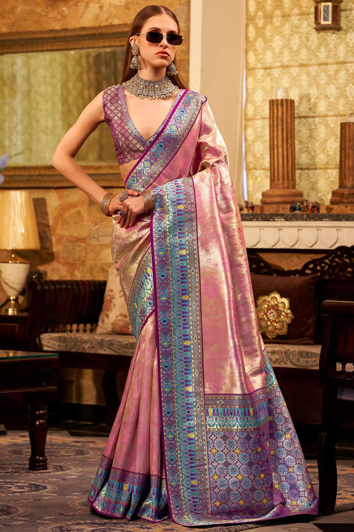 Muted Pink Banarasi Tissue Silk Saree
