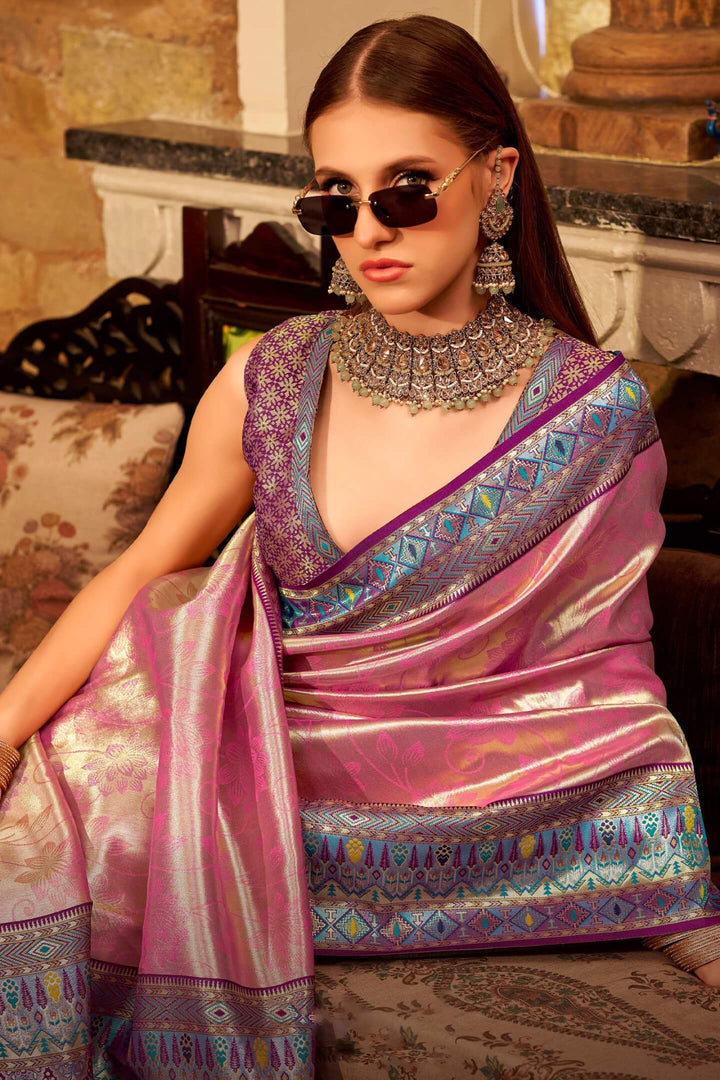 Muted Pink Banarasi Tissue Silk Saree