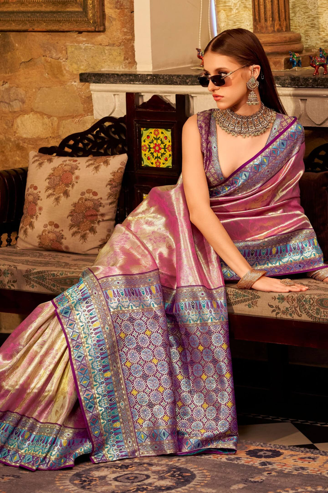 Muted Pink Banarasi Tissue Silk Saree