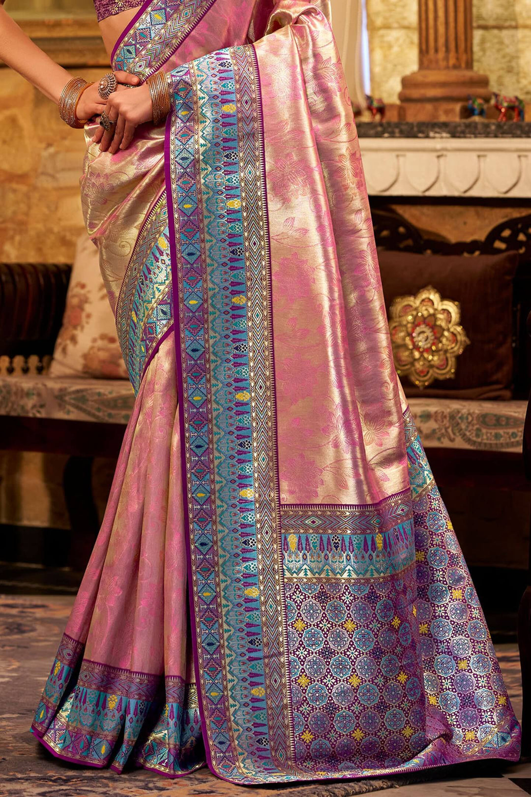 Muted Pink Banarasi Tissue Silk Saree
